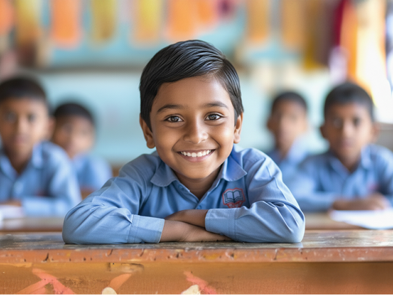 Young boy in a classroom setting with classmates in the background